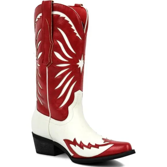 Women's Red Faux Leather Mid Calf Knee High Western Cowgirl Boots Pointed Toe - Picture 2 of 6